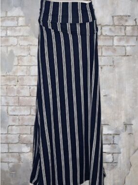 Agnes & Dora Navy and White Striped Fold-Over Waist Maxi Skirt